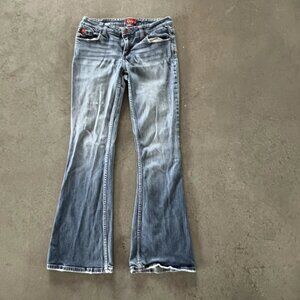 Vintage Tilt Y2K Flare Bootcut Low Rise Womens Jeans 7 Long Light Wash Denim